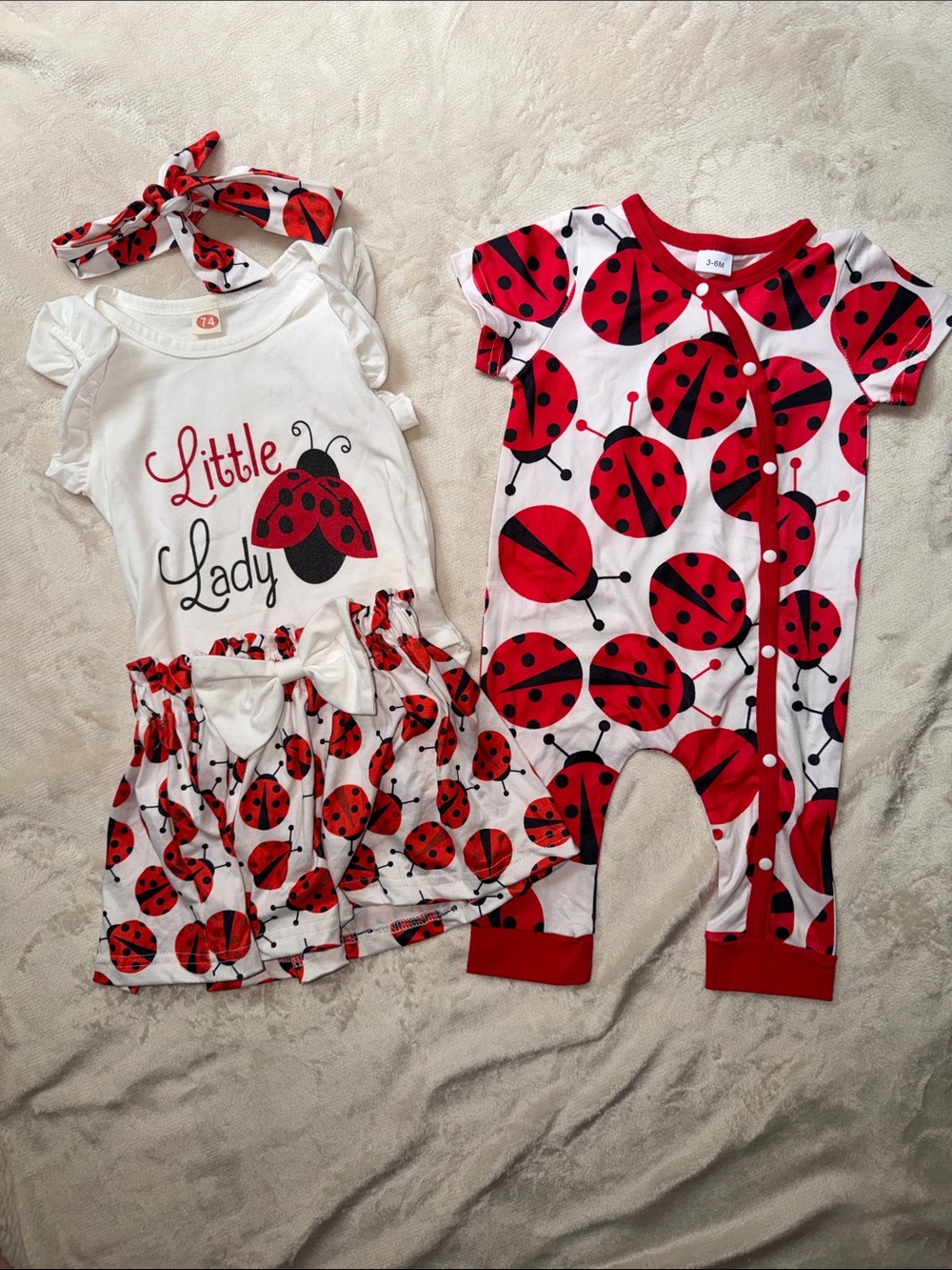 Red and White Ladybug Baby Onesie and Outfit  Bundle